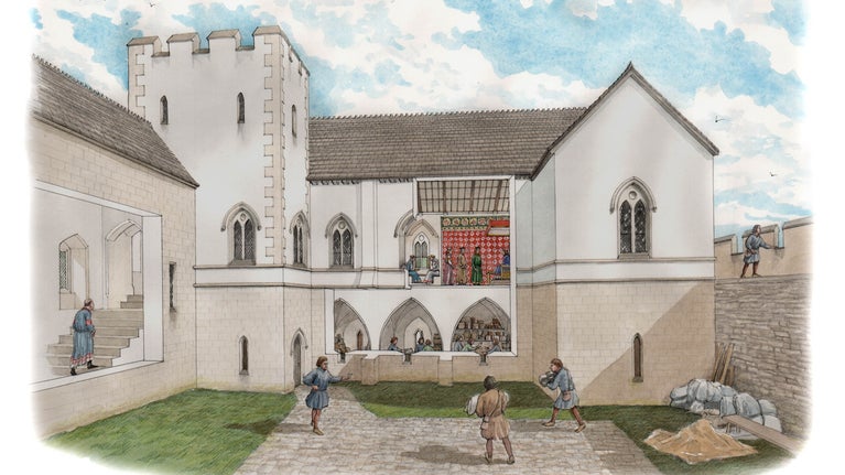 Drawing showing the Gloriette at Corfe Castle in medieval times
